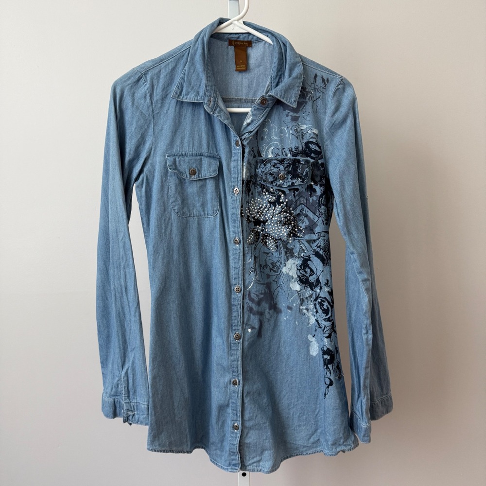Copper Key Cotton Boho Quirky Studded Floral Graphic Denim Chambray Shirt S Blue